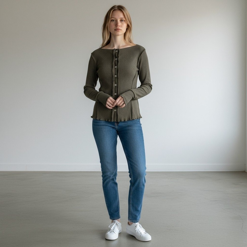 Neesh by D.A.R. Cardigan Sweater Olive Green Ribbed Lightweight Small‎ Layering